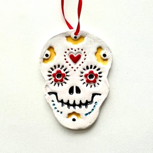 Ceramic Sugar Skull- White and Red Heart Day of the Dead Ornament- Halloween Decor