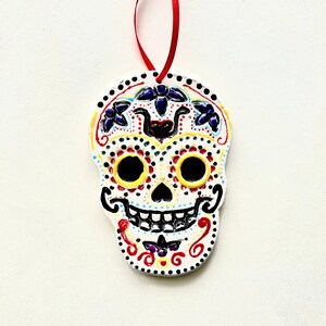 Ceramic Sugar Skull- White Skull Day of the Dead Ornament- Halloween Decor