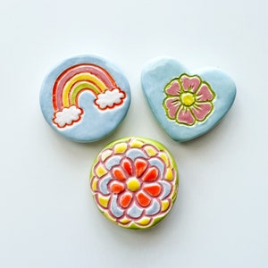 Ceramic Magnet Set- Rainbow Flower Carved Ceramics- Rainbow Ceramics, Floral Ceramics