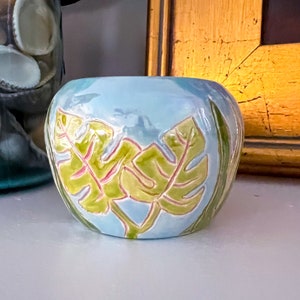 Small Ceramic Glazed Pot- Carved Plant Pottery- Tropical Pottery