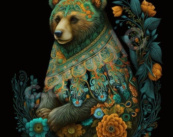 Russian Folklore - Bear - Hohloma art. Adorn your space with this 3619x4096 beauty!