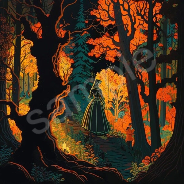 Gorgeous Hohloma Russian Haunted Woods Scene, a Large Painting with Ultra Detailed Colours