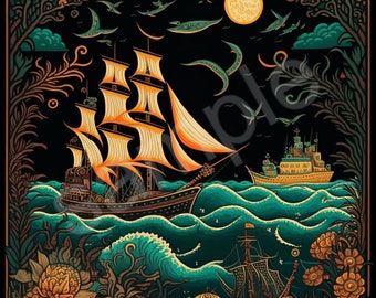 Journey Through Russian Folklore: Nautical Ship Print - LARGE - 4096x4096 Digital Download