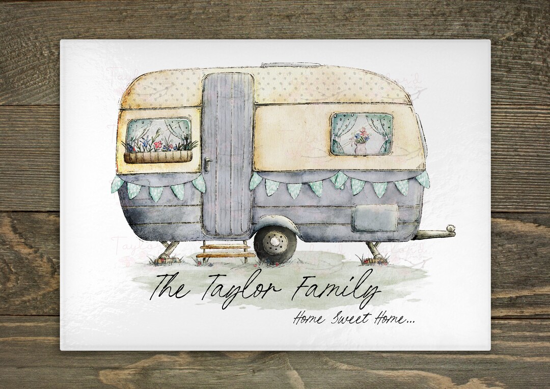 Personalised Caravan Work Top Saver, Caravan Gift, Caravan Chopping