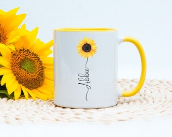 Personalised Sunflower Mug, Flower Gift, Sunflower gift for her, Birthday Sunflower Mug