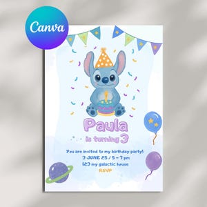 Stitch Birthday Invitation - Blue Alien Party - Editable Canva Template - Cute Cartoon Printable