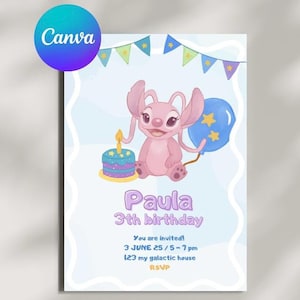 Convite de aniversário de anjo - Garota alienígena rosa - Modelo editável do Canva - Stitch Party para impressão