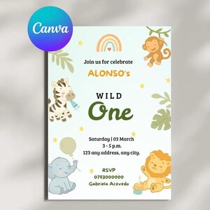 Faire-part d'anniversaire Safari Wild One modifiable • Modèle sur toile bébé animaux de la jungle • 1er anniversaire à imprimer pour garçon ou fille