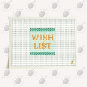 Puede incluir: Un lienzo de punto de cruz con las palabras "WISH LIST" en letras naranjas sobre un fondo azul claro. La parte superior e inferior del texto están bordeadas por patrones de punto de cruz verdes. El lienzo es blanquecino con una cuadrícula de pequeños agujeros.