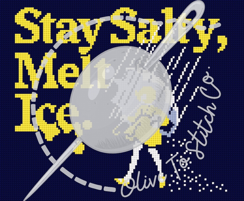 May include: Navy blue cross-stitch design with the text "Stay Salty, Melt Ice" in yellow. A needle pierces a gray sphere, with the words "Olive To Stitch Co." in white script.