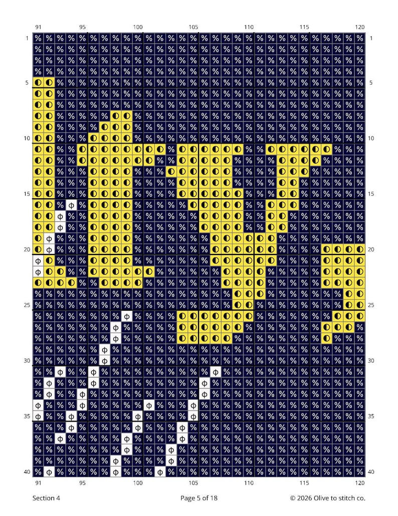 May include: A cross-stitch pattern chart with a grid of dark blue, yellow, and white squares. The chart includes the text "Section 4" and "Page 5 of 18". The copyright notice reads "&copy;2026 Olive to stitch co."