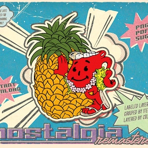 Pode incluir: Gráfico digital de estilo vintage com um personagem de desenho animado vermelho com um abacaxi, usando um colar de flores. A imagem tem uma estética retrô com texto que diz "nostalgia remastered", "instant download" e "PNG PDF SVG".