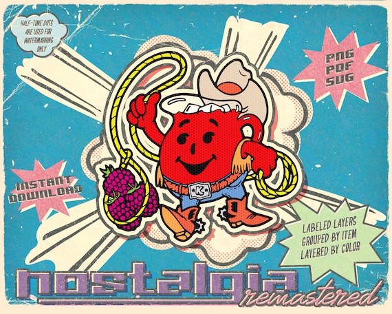 Retro 1980s Kool-aid Raspberry Cowboy Graphic Illustration Clip