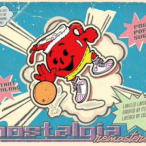Pode incluir: Uma ilustração de estilo retro de um personagem de desenho animado vermelho com uma camisa amarela e tênis brancos, driblando uma bola de basquete laranja brilhante. A imagem tem uma estética de quadrinhos vintage com um fundo azul e um balão de fala que diz "nostalgia remasterizada".