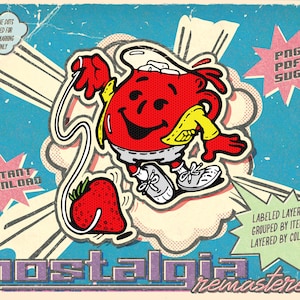 Retro 1980s Kool-Aid Strawberry Spinning Top Graphic Illustration Clip Art Koolaid SVG PNG PDF Kool aid