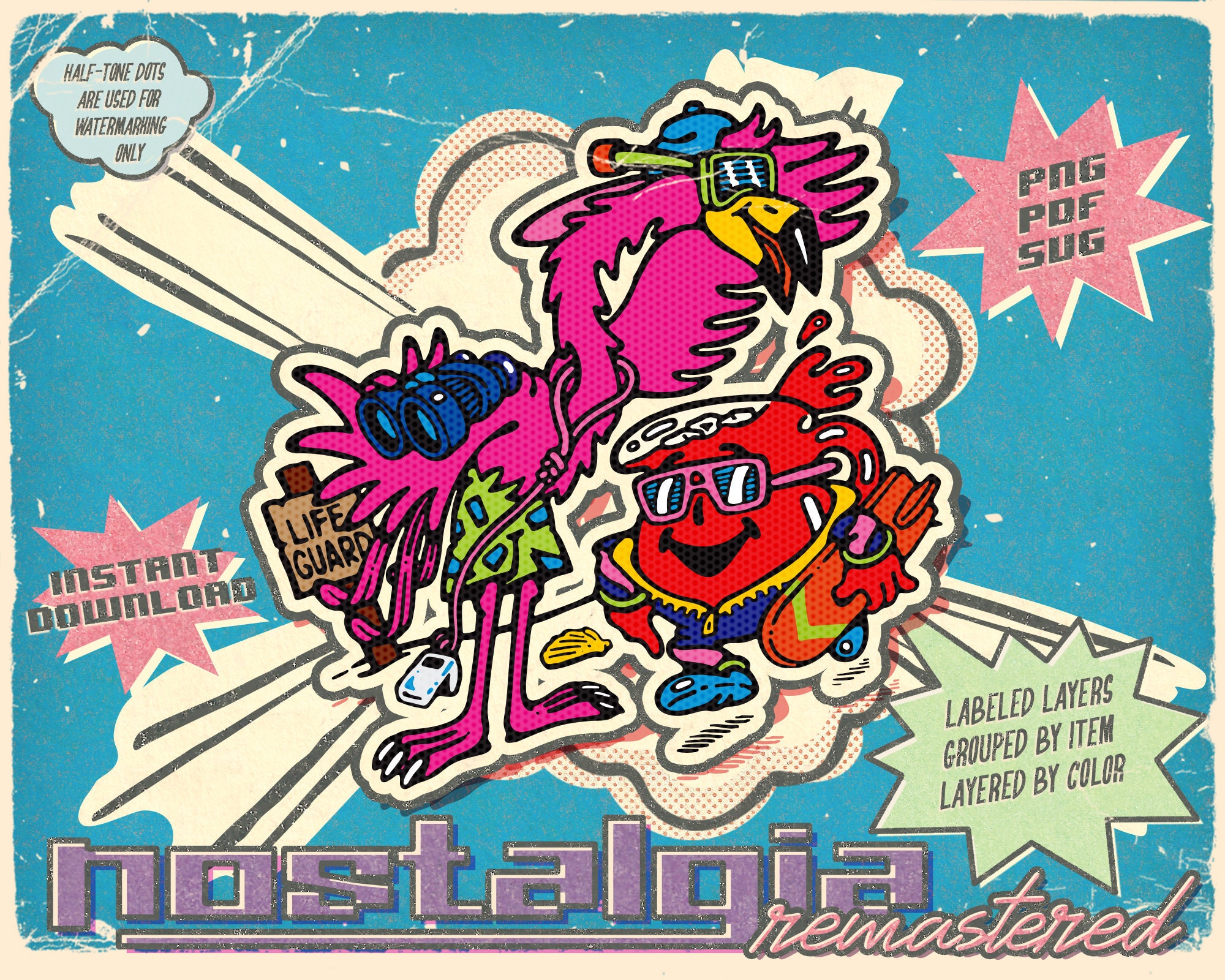 Retro 1980s Kool-aid Pink Swimmingo Flammingo Surf Graphic