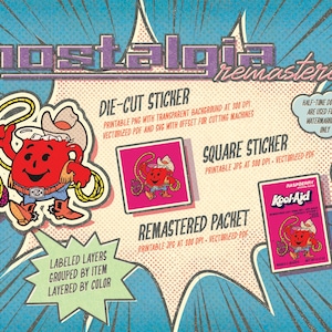 May include: A digital download of a vintage-style Kool-Aid pitcher character illustration. The illustration is available as a die-cut sticker, square sticker, and remastered packet. The image includes the text "nostalgia remastered", "Die-Cut Sticker", "Square Sticker", "Remastered Packet", "Printable PNG with transparent background at 300 DPI", "Vectorized PDF and SVG with offset for cutting machines", "Printable JPG at 300 DPI - Vectorized PDF", "Printable JPG at 300 DPI - Vectorized PDF", "Half-tone dots are used for watermarking only", "Labeled layers grouped by item layered by color", "Raspberry Kool-Aid".
