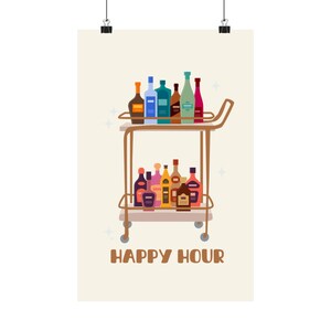 happy hour print | college poster | colorful room decor | bar cart print | preppy aesthetic print | trendy poster | matte vertical posters