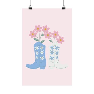 pink floral cowgirl boot print | cowboy poster | colorful room decor | bar cart print | aesthetic print | western poster | matte poster