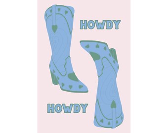 imprimé bonjour bleu | affiche de cow-girl | décor de chambre coloré | impression de chariot de bar | impression esthétique preppy | affiche occidentale | affiches verticales mates