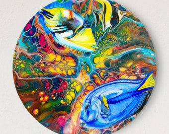 Tropical Fish Acrylic Fluid Painting, Tropical Acrylic Art, Bloom Pour Art, Coral Reef, Acrylic Pour Art, Tropical Home, Tropical Ocean Art
