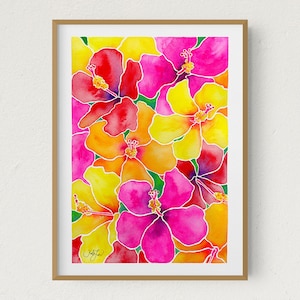 Hibiscus Tropical Watercolor Painting, Hawaiian Hibiscus Flower, Hawaii Flower Art Print, Hawaii Beach Art, Aloha Art, Hawaiian Beach Decor