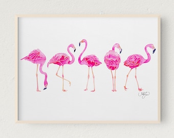 Pink Flamingo Art Print, Flamingo Watercolor Art, Funny Flamingo Wall Art, Exotic Birds, Tropical Bird Art, Island Home, Beach Art, Wildlife