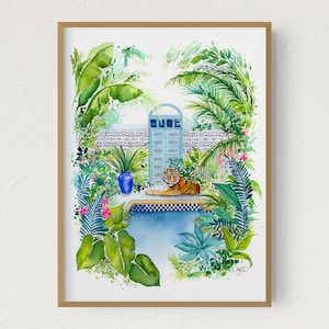Impresión de arte de tigre tropical, pintura de acuarela de tigre, decoración de la habitación de la selva marroquí, arte de la selva urbana, ilustración botánica, sala de la selva para niños