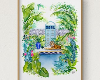 Tropical Tiger Art Print, Tiger Watercolor Painting, Moroccan Jungle Room Decor, Urban Jungle Art, Botanical Illustration, Kids Jungle Room