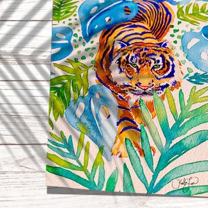 Pintura de acuarela de tigre, impresión de arte del tigre de Bengala, impresión de arte del tigre, decoración de la pared de la selva, ilustración botánica de la selva tropical, decoración del hogar de la selva imagen 6
