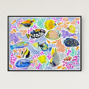 Colorful Tropical Fish Art Print, Coral Reef Watercolor Painting, Under The Sea, Sea Life Print, Tropical Ocean Wall Art, Coastal Wall Decor
