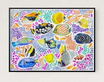 Farbenfroher tropischer Fisch Kunstdruck, Korallenriff Aquarell Malerei, Unter dem Meer, Meeresleben Druck, Tropischer Ozean Wandkunst, Küstenwand Dekor