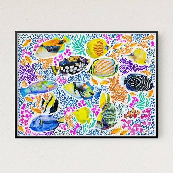 Tableau Poissons Dans La Mer Profonde 120 X 40 Cm Blanc - Tableau
