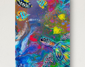Sea Turtle Acrylic Art, Fluid Acrylic Painting, Turtle Art, Coral Reef, Rainbow, Acrylic Pour Art, Sea Turtle Home Decor, Tropical Ocean Art