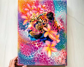 Leopard Art, Leopard Acrylic Painting, Leopard Wall Art, Original Fluid Painting, Big Cats Painting, Jungle Home Decor, Jungle Art, Plumeria