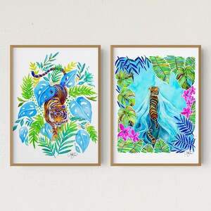 Tiger Art Print Set of Two, Bengal Tiger Watercolor Illustration, Jungle Room Wall Decor, Botanical Jungle Illustration, Kids Jungle Room