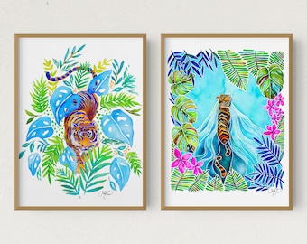 Tiger Art Print Set of Two, Bengal Tiger Watercolor Illustration, Jungle Room Wall Decor, Botanical Jungle Illustration, Kids Jungle Room