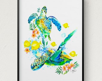 Sea Turtle Watercolor Painting, Sea Turtle Art Print, Sea Turtle Wall Decor, Beach Decor, Coastal Wall Art, Island Home Decor, Hawaiian Art