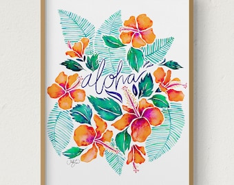 Aloha Hawaii Hibiscus Watercolor Painting, Aloha Art Print, Hawaii Tropical Wall Art, Hibiscus, Island Home Decor, Botanical Illustration