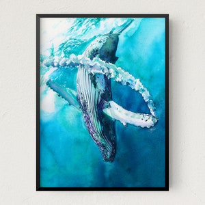 Humpback Whale Watercolor Art Print, Whale Watercolor Wall Art, Sealife Art, Underwater Whale Print, Seascape Art, Coastal Beach Home Decor