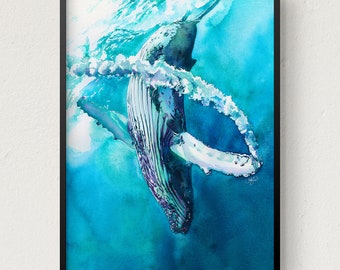 Könnte beinhalten: Ein Aquarellbild eines Buckelwals, der aus dem Ozean springt. Der Wal ist in Blautönen und Grau gemalt, mit weißen Blasen, die ihn umgeben. Der Hintergrund ist ein leuchtendes Blau, das den Ozean darstellt.