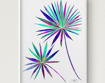 Pintura de acuarela de hoja de palmera, impresión de arte de palma tropical, arte de pared de palma de abanico, ilustración de plantas modernas, arte minimalista, decoración del hogar de la selva