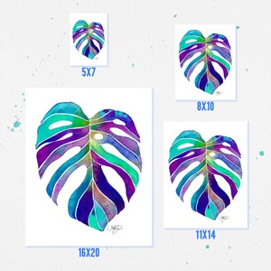 May include: A watercolor painting of a large, tropical monstera leaf in shades of purple, blue, green, and teal. The leaf is depicted in a realistic style with intricate details. The painting is available in four sizes: 5x7 inches, 8x10 inches, 11x14 inches, and 16x20 inches.