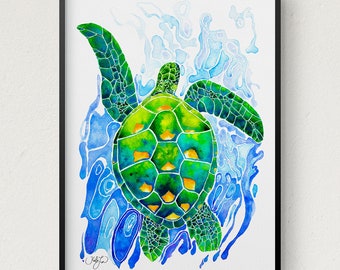 Sea Turtle Art Print, Green Sea Turtle Watercolor Painting, Sea Life Illustration, Turtle Art Print, Ocean Art, Tropical Hawaiian Home Decor