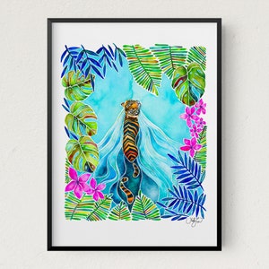 Tiger Jungle Art Print, Watercolor Tiger Art Print, Bengal Tiger Jungle Wall Art, Tiger Illustration, Swimming Tiger, Botanical Jungle Print