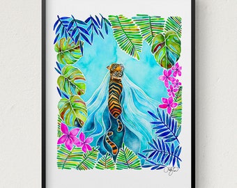 Impresión de arte de la selva del tigre, impresión del arte del tigre de la acuarela, arte de la pared de la selva del tigre de Bengala, ilustración del tigre, tigre nadador, impresión de la selva botánica