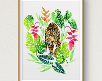 Jaguar Watercolor Art Print, Jaguar Illustration, Jungle Art Decor, Rainforest Animals, Wild Cats, Leopard Animal Print, Jungle Nursery Art