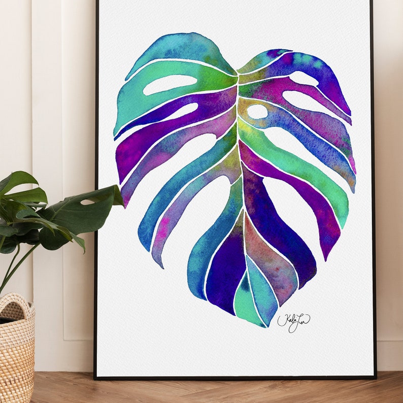 May include: Watercolor painting of a large, tropical monstera leaf in shades of blue, green, purple, and pink. The leaf is depicted in a realistic style with intricate details.