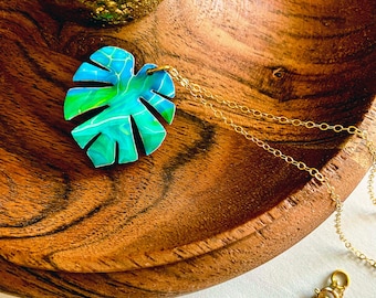 Monstera Deliciosa, Laser Cut Wood Leaf Necklace,Acrylic Painted Monstera Necklace, Monstera Leaf, Tropical Plant Jewelry, Plant Lover Gift