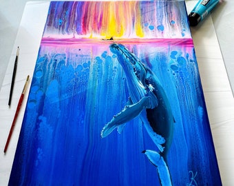 Humpback Whale Ocean Painting, Whale Acrylic Painting, Surf Art, Whale Wall Art, Fluid Art, Underwater Art, Sea Life Art, Ocean Home Decor